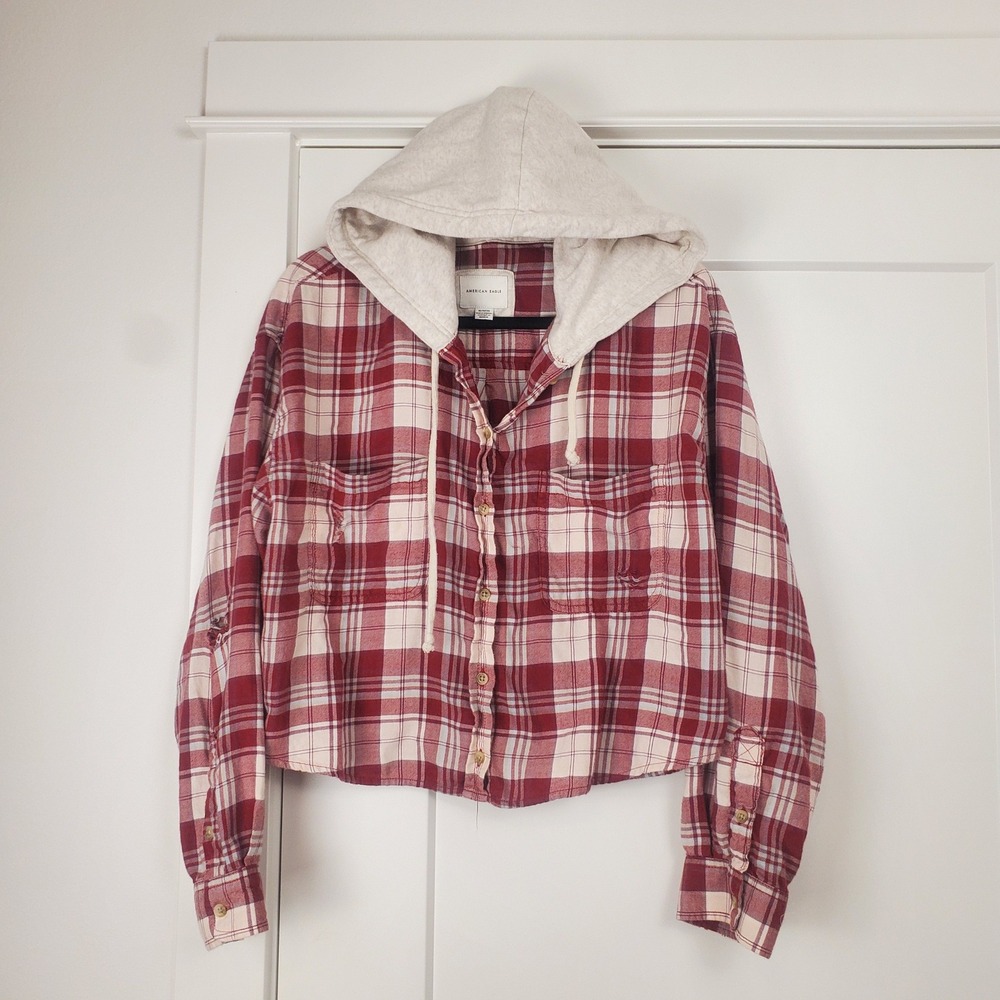 American Eagle Hooded Flannel Shirt Womens XL Red Plaid Distressed Cropped